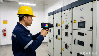 國內配電室現場，工程師使用手持紅外熱像儀對高壓開關柜開展非接觸測溫（示意）
